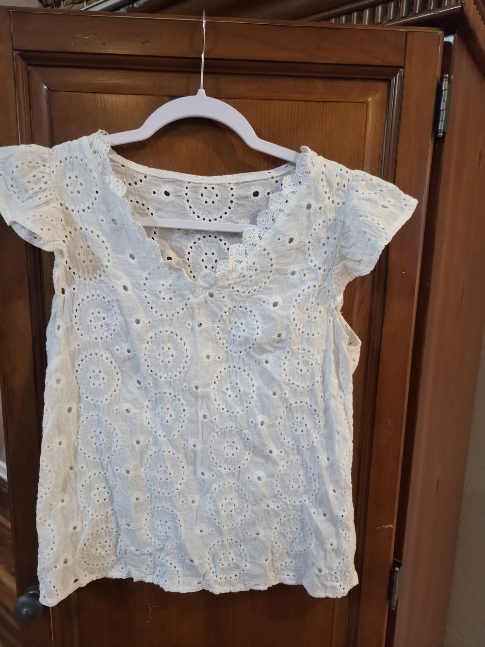 Women's White Eyelet V-Neck Cotton Top